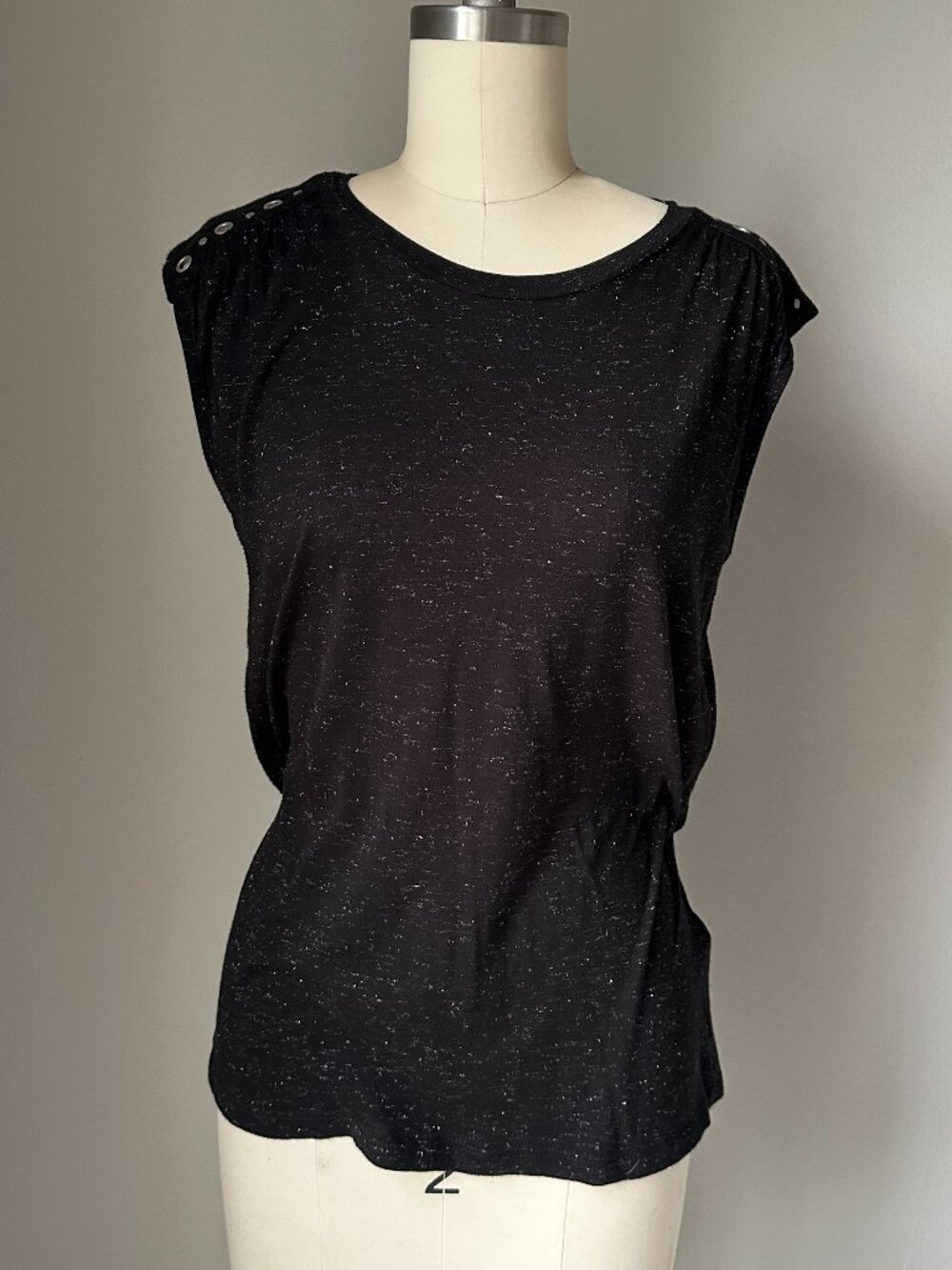 IKKS Black Shimmer Top Size XS Studded Shoulder Detail Effortless Chic